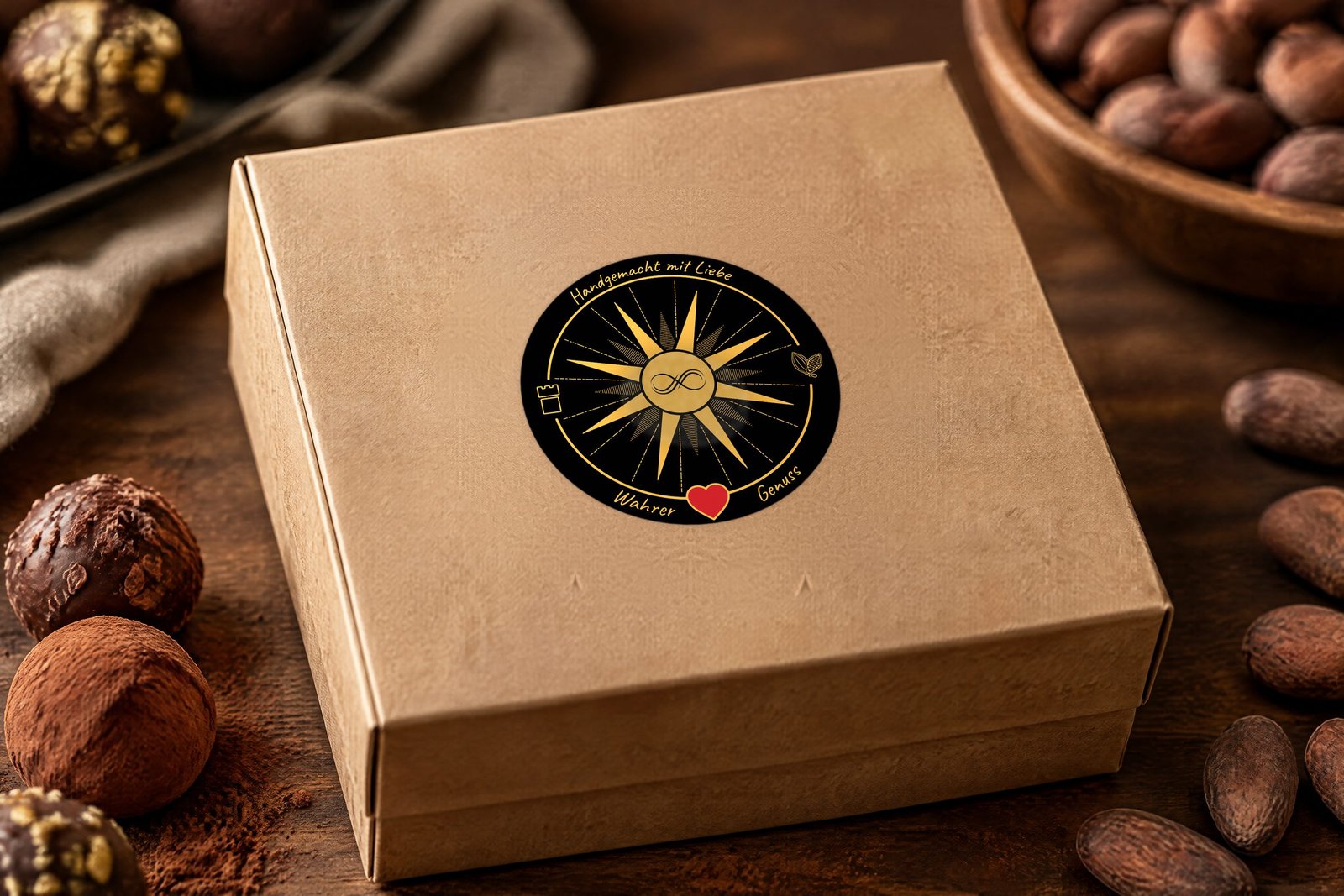 Dark sticker on a kraft chocolate box